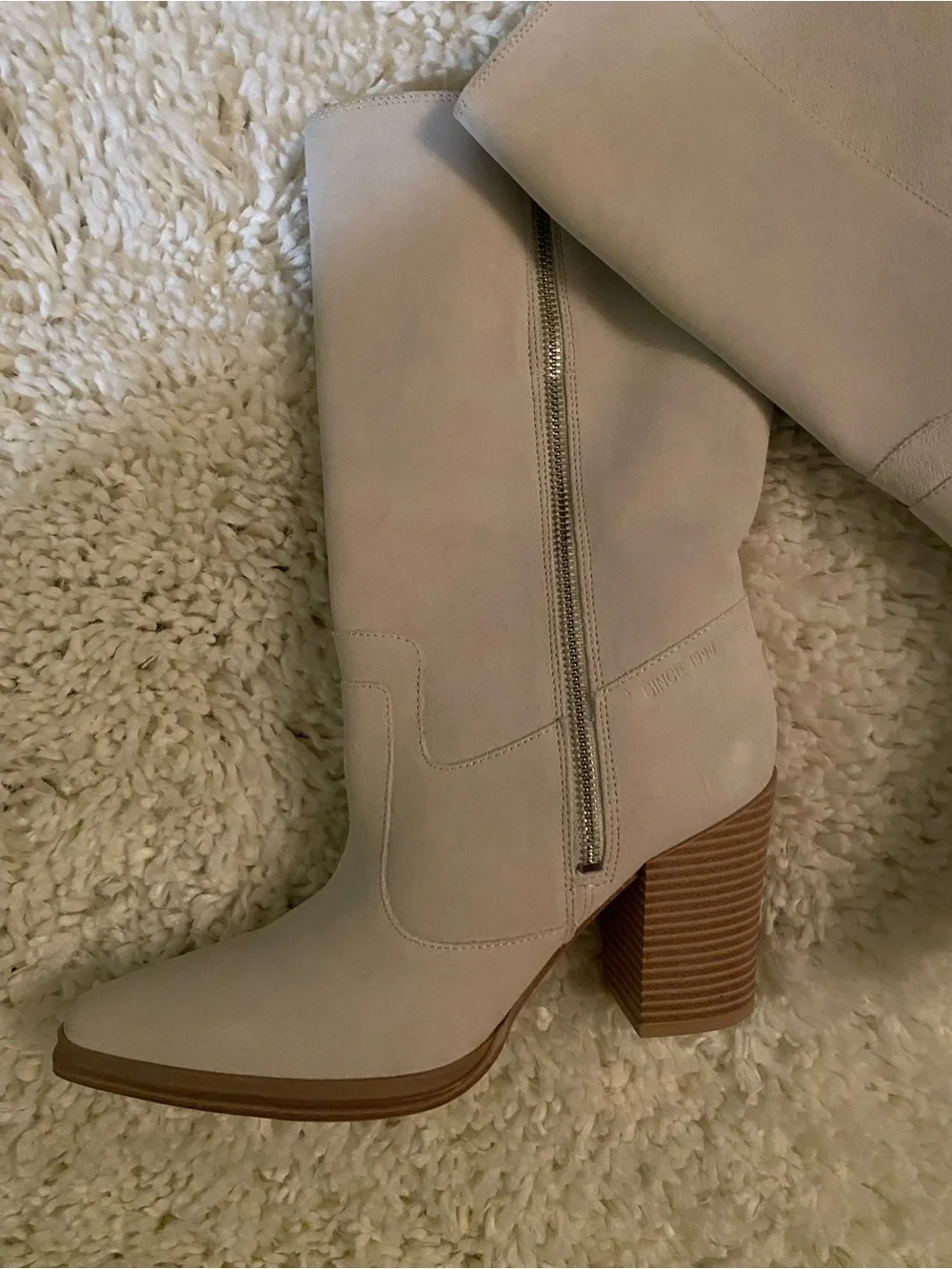 Franco Sarto Light Beige Suede Mid-Calf Block Heel Boots